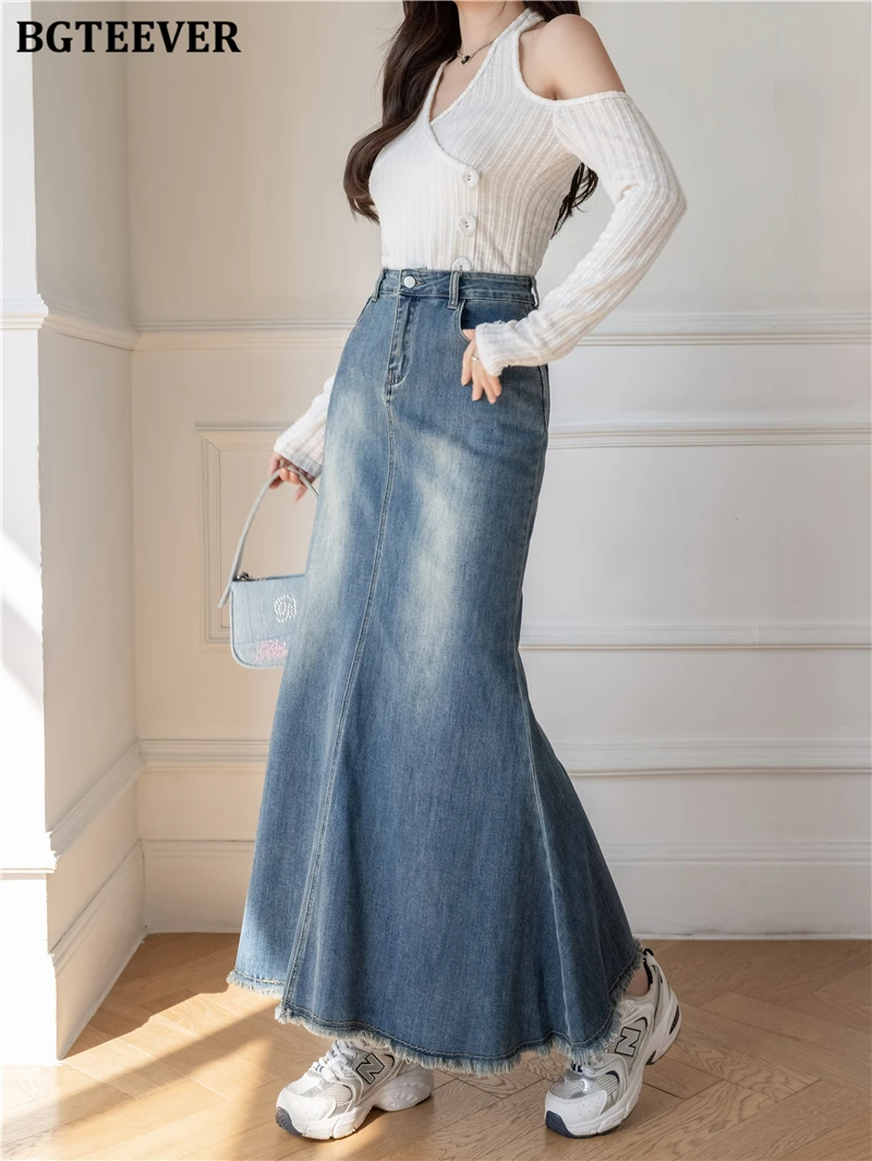 BGTEEVER Chic Stylish Women Long Skinny Mermaid Denim Skirts Summer Fashion High Waists Button Female Package Hip Jeans Skirts