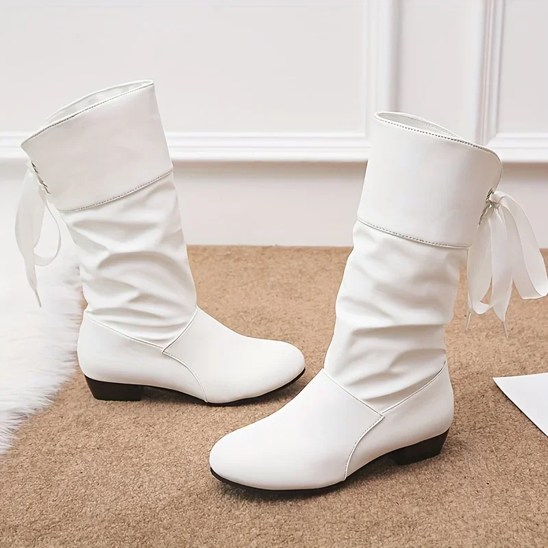 

Women's Chunky Heel Mid Calf Boots, Fashion Lace Up Dress Boots, Women's Comfortable Solid Color Boots