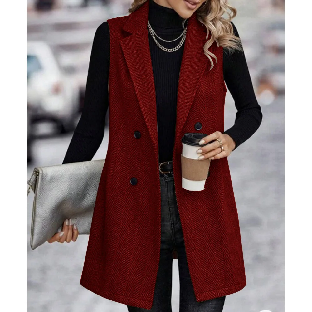 Women's Herringbone Vest Modern Style Autumn and Winter Matching Women's Sleeveless Jacket Double Breasted Lapel Coat Clothes women herringbone vest