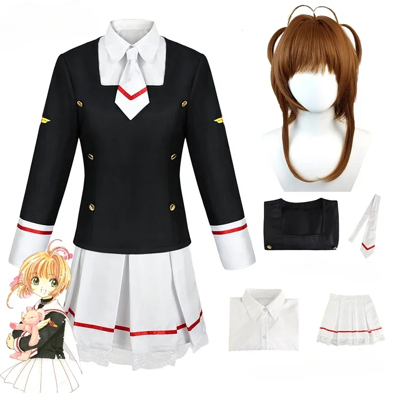 

Anime Card Captor Sakura KINOMOTO SAKURA Cosplay Costume Woman Cute Loli Sailor JK Uniform Skirts Shirt Tie Wig Suit