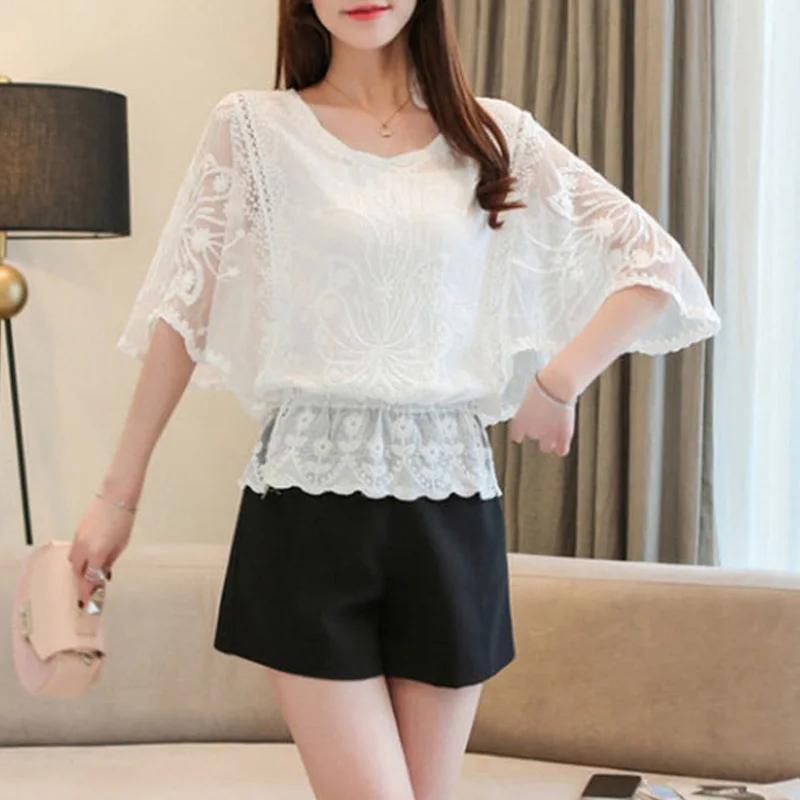 2024 New Summer Temperament High-end Design Sense Fashionable Round Neck Lace Embroidery Commuting Versatile Bat Sleeve Shirt