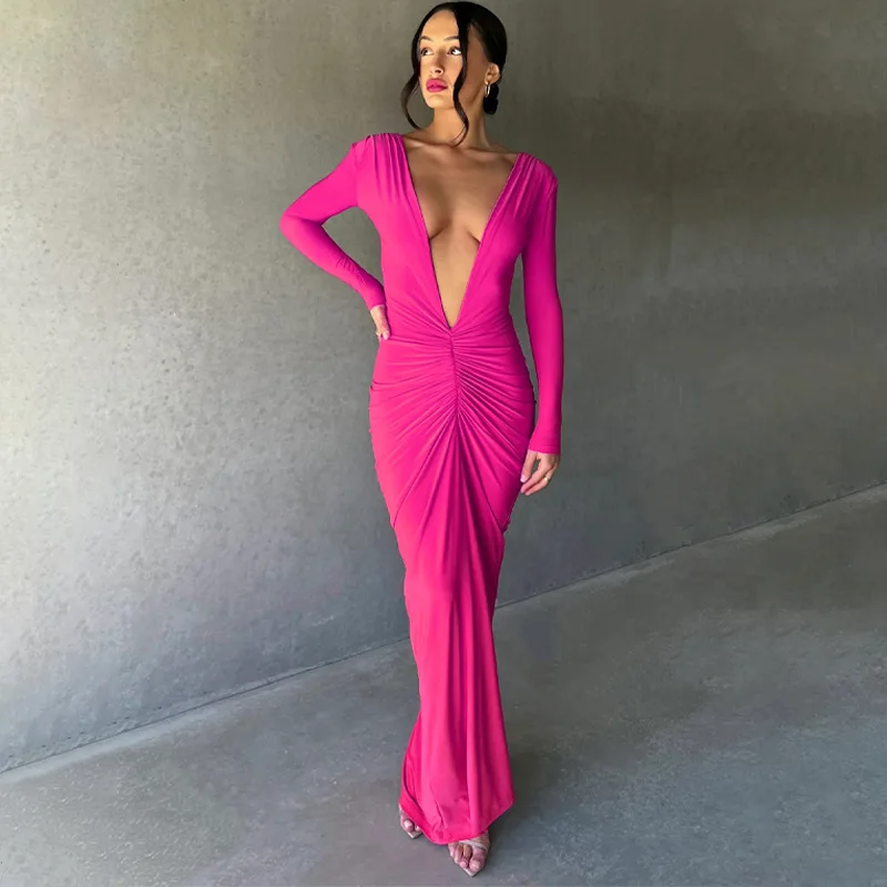 

2023 Summer New Fashion Sexy V Neck Slim Fit Pleated Solid Color Long Sleeve Dress Women's Extra Long Evening Gown