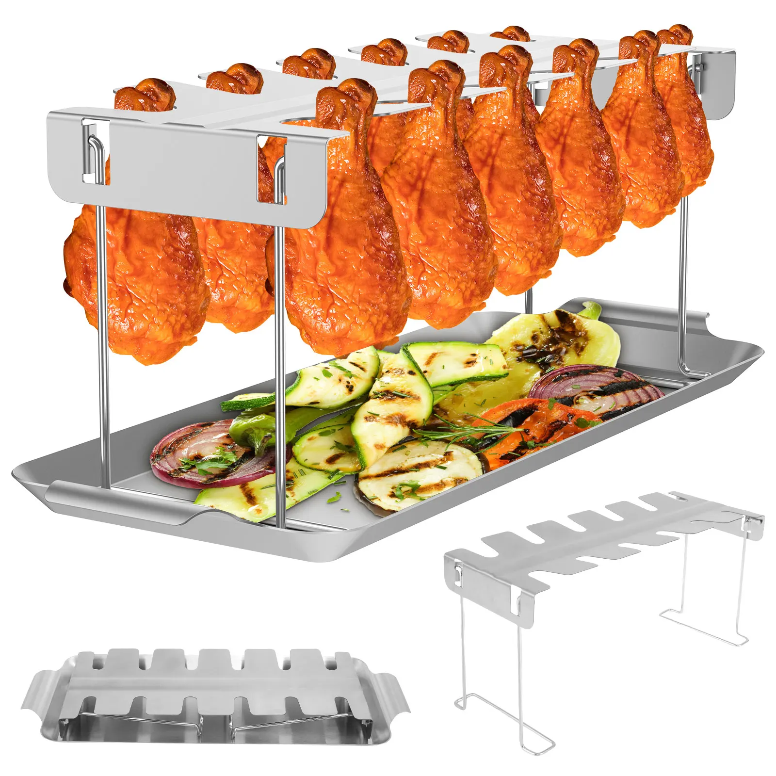 Chicken Leg Rack for Grill Barbecue Cooking Rack Stainless Steel Chicken Wing with Drip Tray Folding BBQ Drumstick Stand
