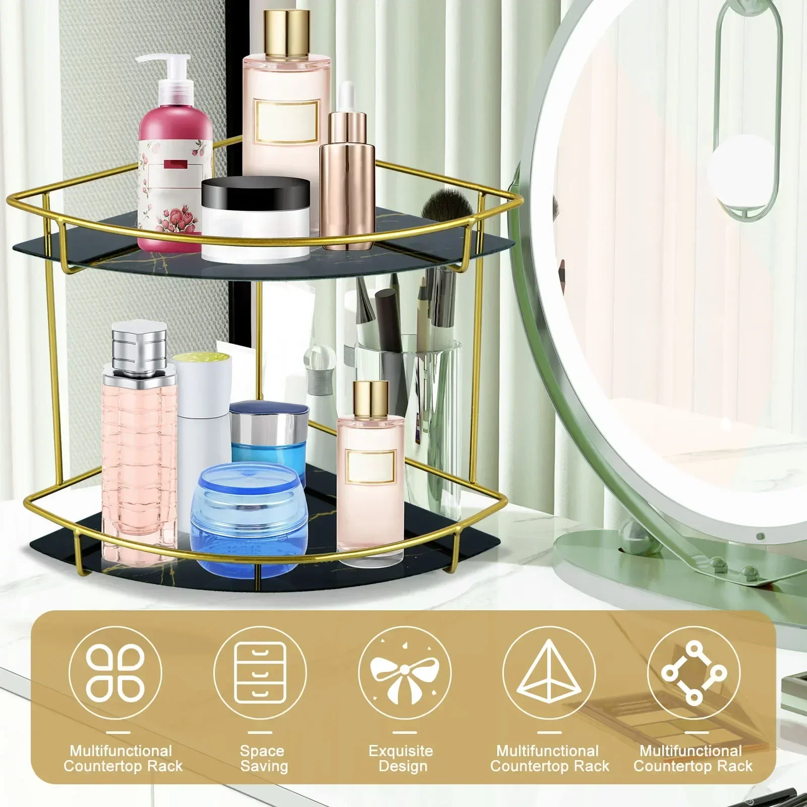 

Corner Glass Metal Counter Vanity Shelf Tier Marbled Organizer Saving With 2 Space Bathroom Tray