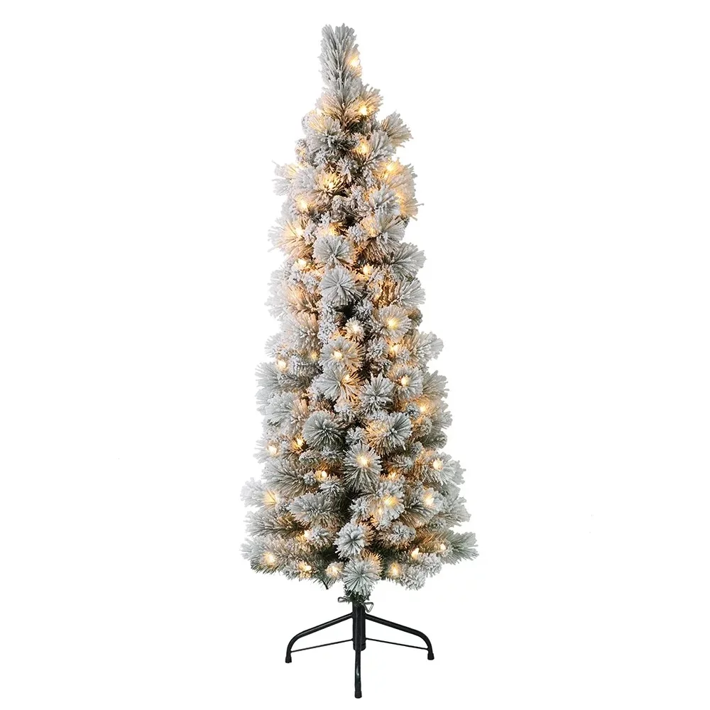 

4.5 Ft. Pre-Lit Flocked Portland Pine Pencil Artificial Christmas Tree With 100 UL- Listed Clear Lights New Year's Decor Pines