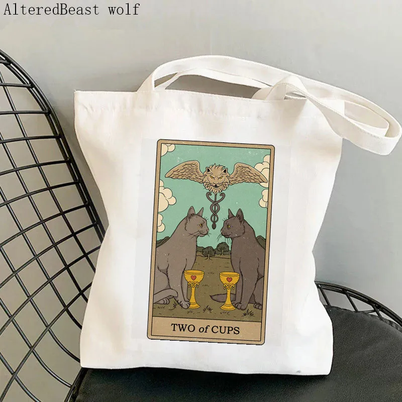 Women Shopper bag Two of Pentacles cat witchy Tarot magic Bag Harajuku Shopping Canvas Shopper Bag girl Shoulder Lady Bag
