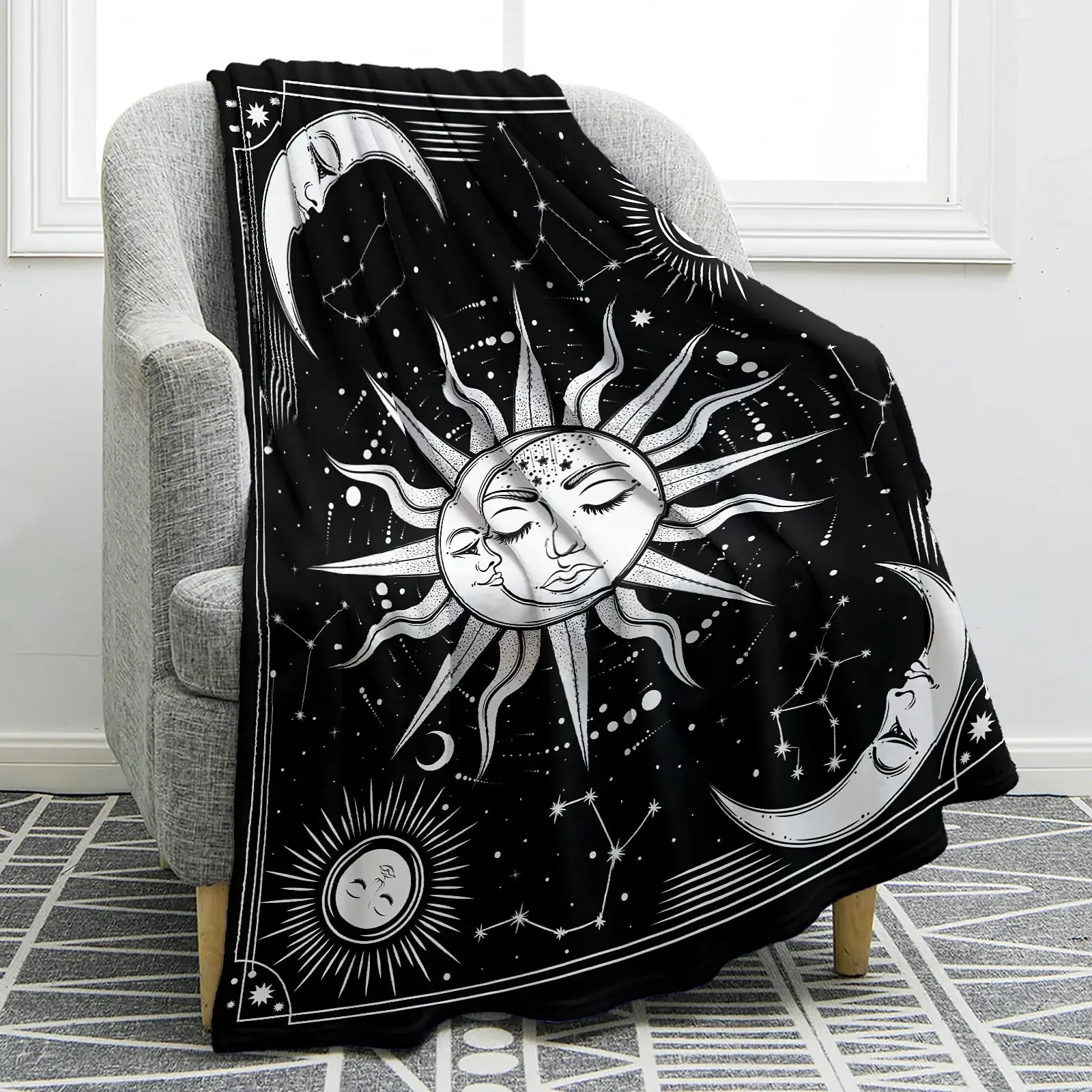 

Sun Moon Stars Mandala Space Psychedelic Black White Flannel Throw Blanket Couch Bed Sofa Travelling Camping for Kids Adults