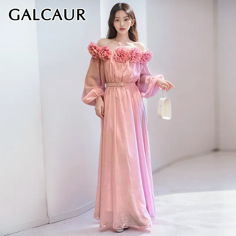 

GALCAUR Solid Spliced Appliques Dresses For Women Long Sleeve High Waist Off Shoulder Patchwork Belt Dess Female Summer Clothing