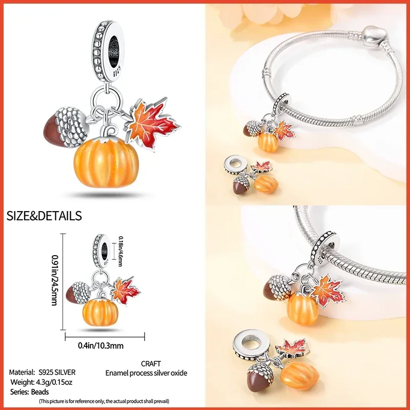 925 Sterling Silver Fashion Squirrel Maple Leaf Autumn Series Charms Beads Fit  Original Bracelets DIY Jewelry Making 3