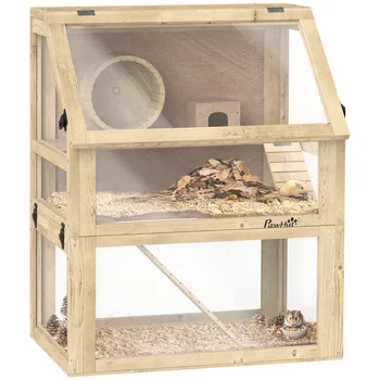 PawHut Wooden Hamster Cage, 3 Tier Gerbil Cage with Detachable 32cm Deep Bottom, Hut, Seesaw,Ramps Natural Wood Finish