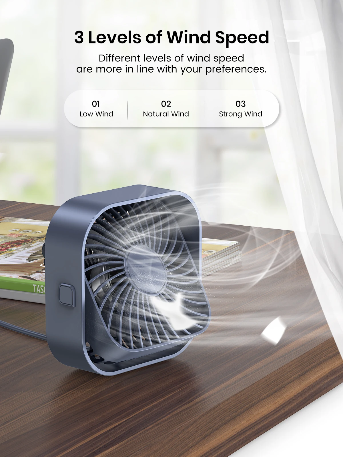 USB Desk Fan,Strong Airflow &Quiet Operation,Three-Speed Wind Small Fan,360° Rot
