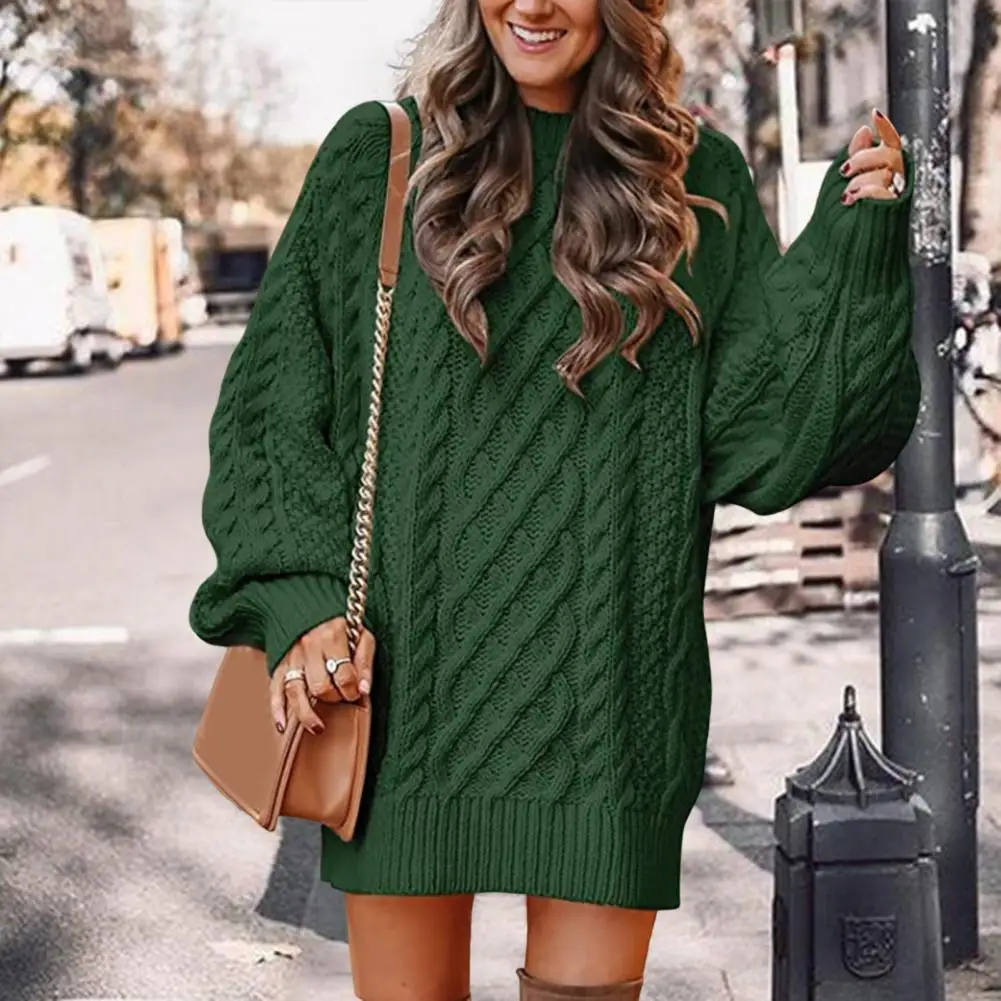 

Stylish Solid Color Women Pullover Sweater All Match Mid-length Oversized Twist Knitted Sweater Dress Keep Warm