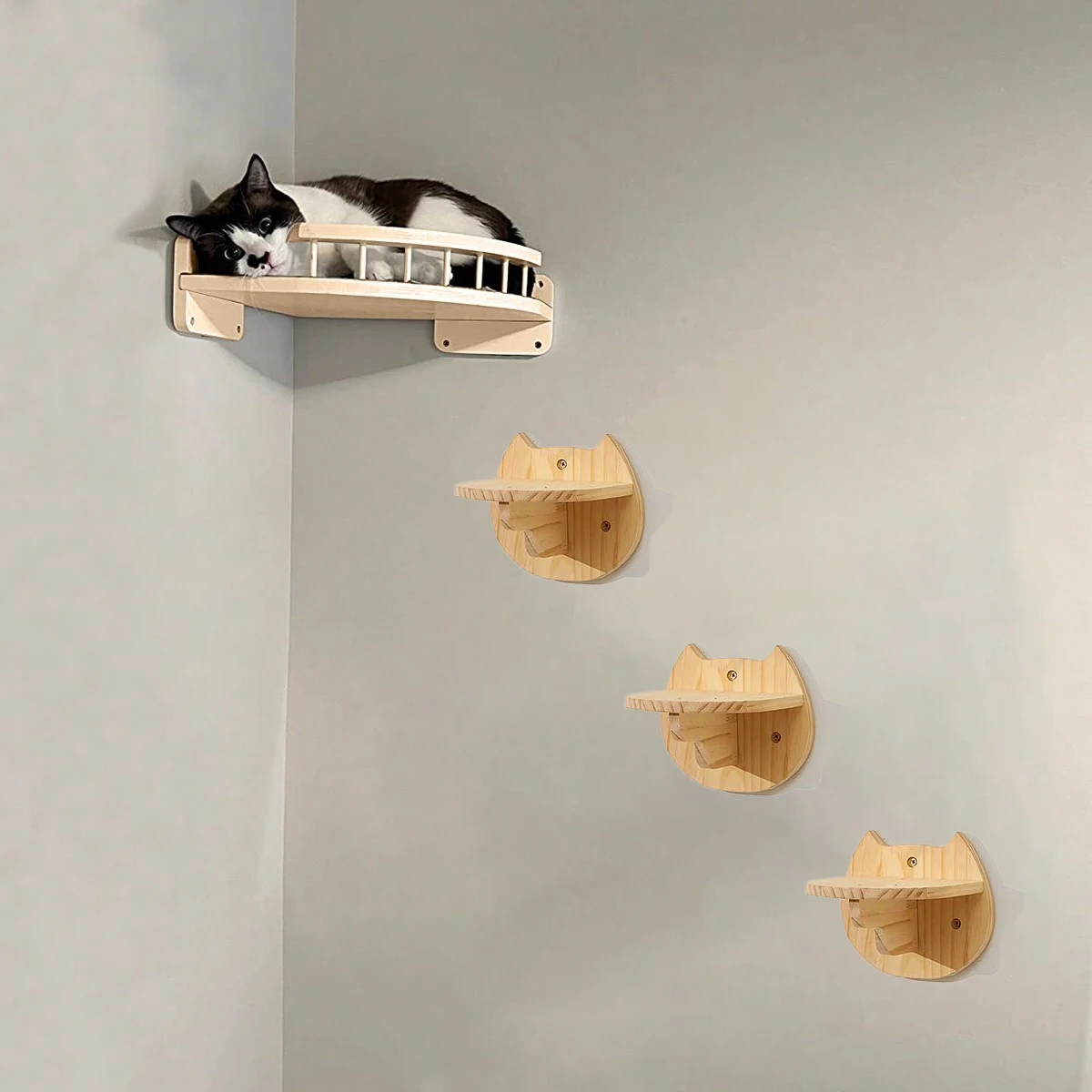 3/4Pcs Corner Hammock with Steps Set Wall Mounted Cat Tree Climbing Shelf For Indoor Cats Wooden Hanging Sleeping Bed Furniture 2