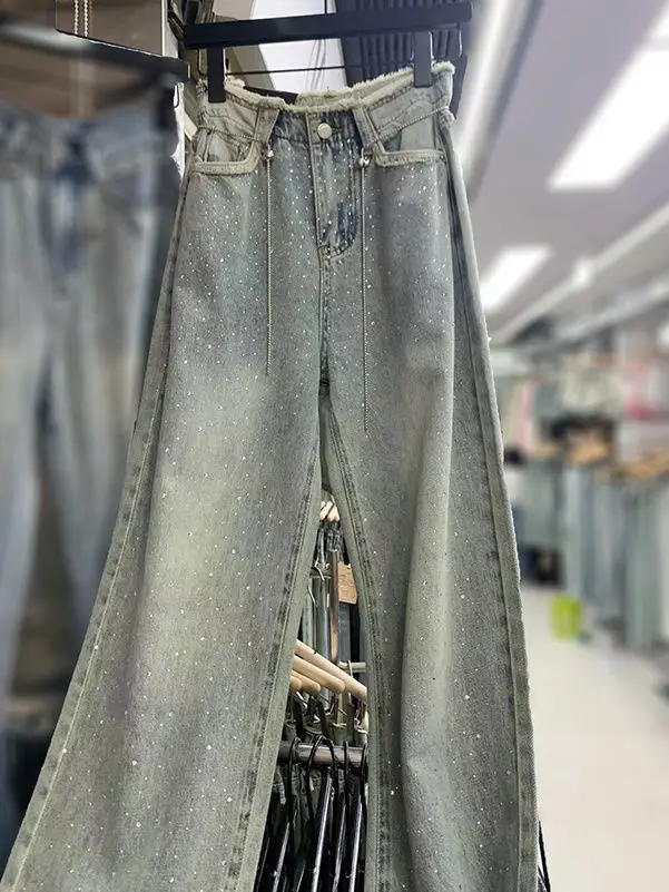 Heavy Embroidery Hot Drilling Starry Raw Hem High Waist Jeans Women's Summer Thin Loose Fashion Mop Wide Leg Pants