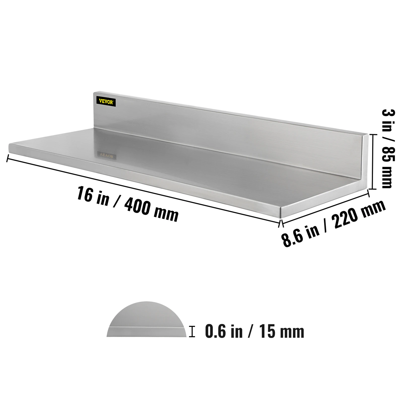 VEVOR Stainless Steel Wall Shelf 8.6'' x 16''/ 24''/ 30'' 44 lbs Load Heavy Duty Commercial Kitchen Shelf w/Backsplash(1pc/2pcs)