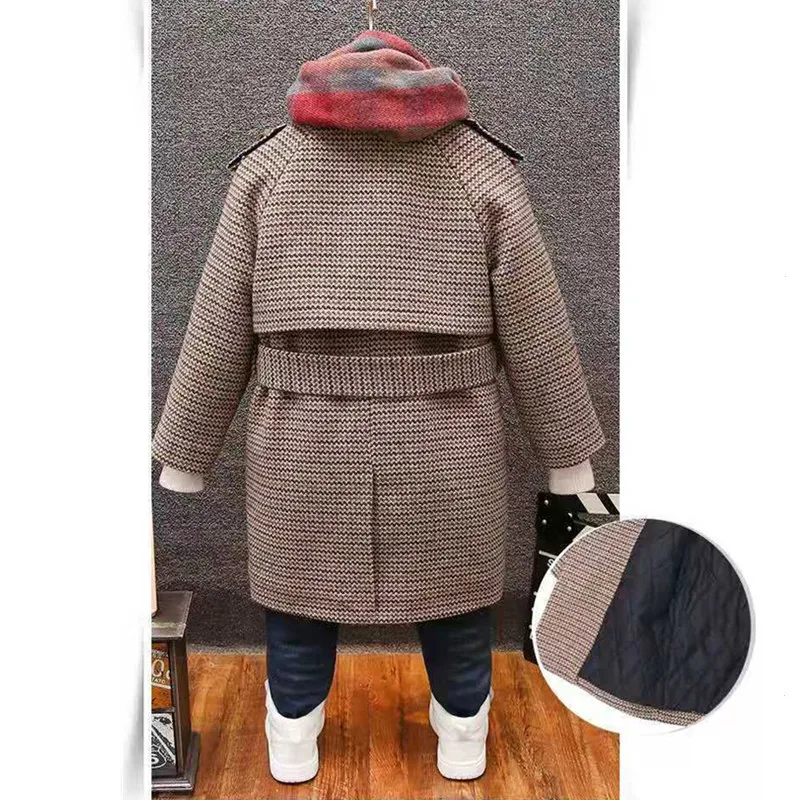Boy Wool & Blends Woolen Jackets Autumn New Fashion Wave Pattern Solid Turn Collar Belt Kids Children Outerwear & Coats