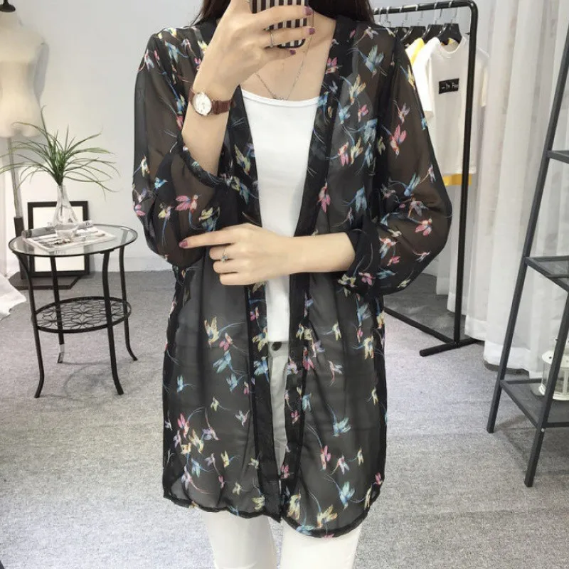 Chiffon Cardigan Black Floral Kimono Cardigan Summer Beach