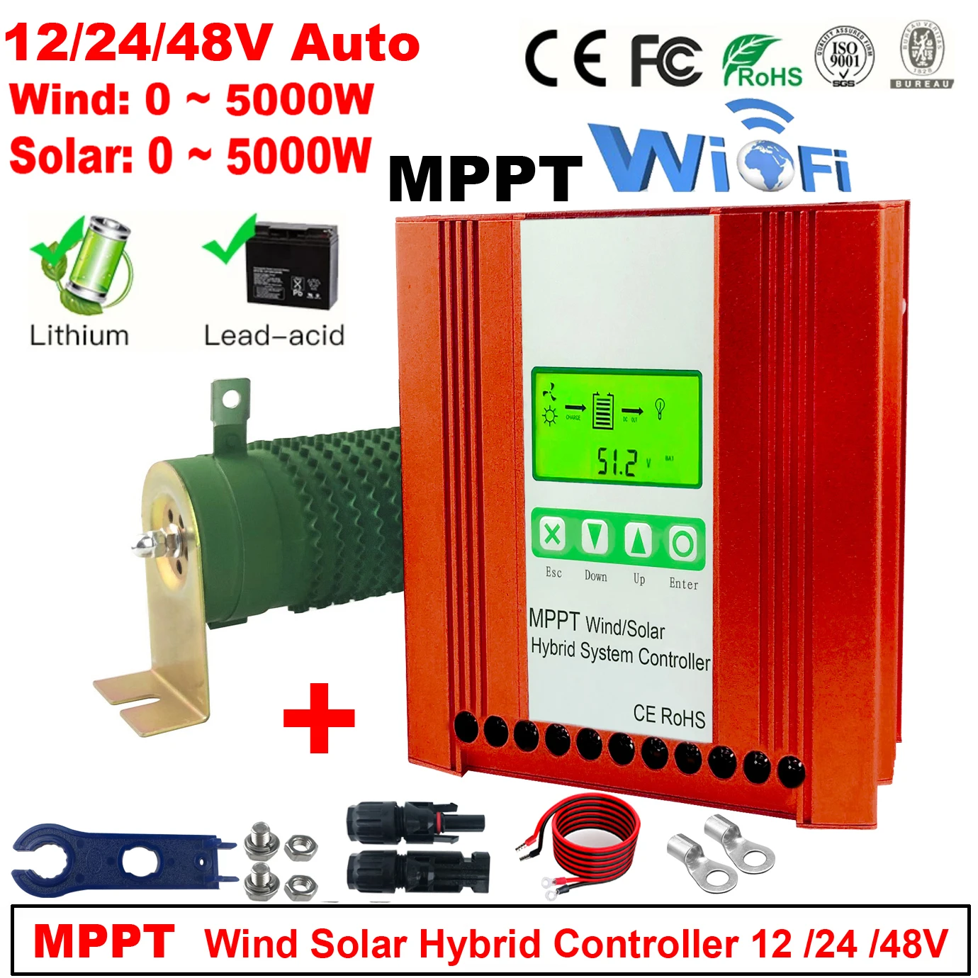 5000WMPPTHybridSolarWindChargeController12V24V48VPVWind
