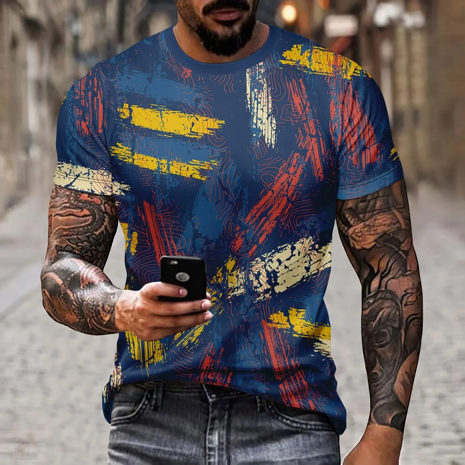 

Men's 3D printed vintage T-shirt, round neck short sleeved sweater, large, casual, high-quality, outdoor vacation,
