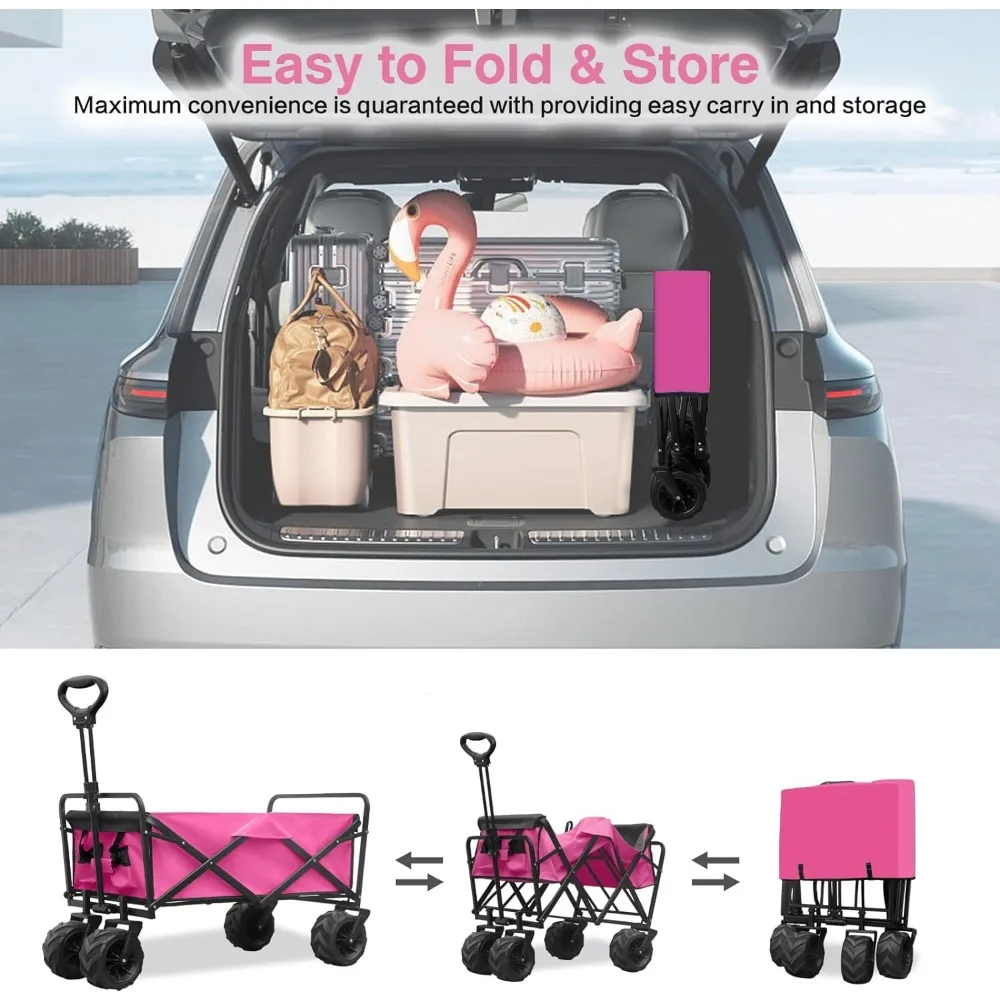 Hand Cart Collapsible Foldable Wagon Handcart Beach Cart With Big Wheels for Sand Camping Trolley Pink Garden Carts Folding Home images - 6