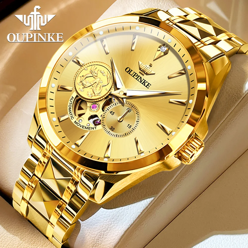 OUPINKE Top Luxury Brand Men's Watches Tungsten Steel strip Automatic Mechanical Watch Containing Genuine Gold Male Wristwatch