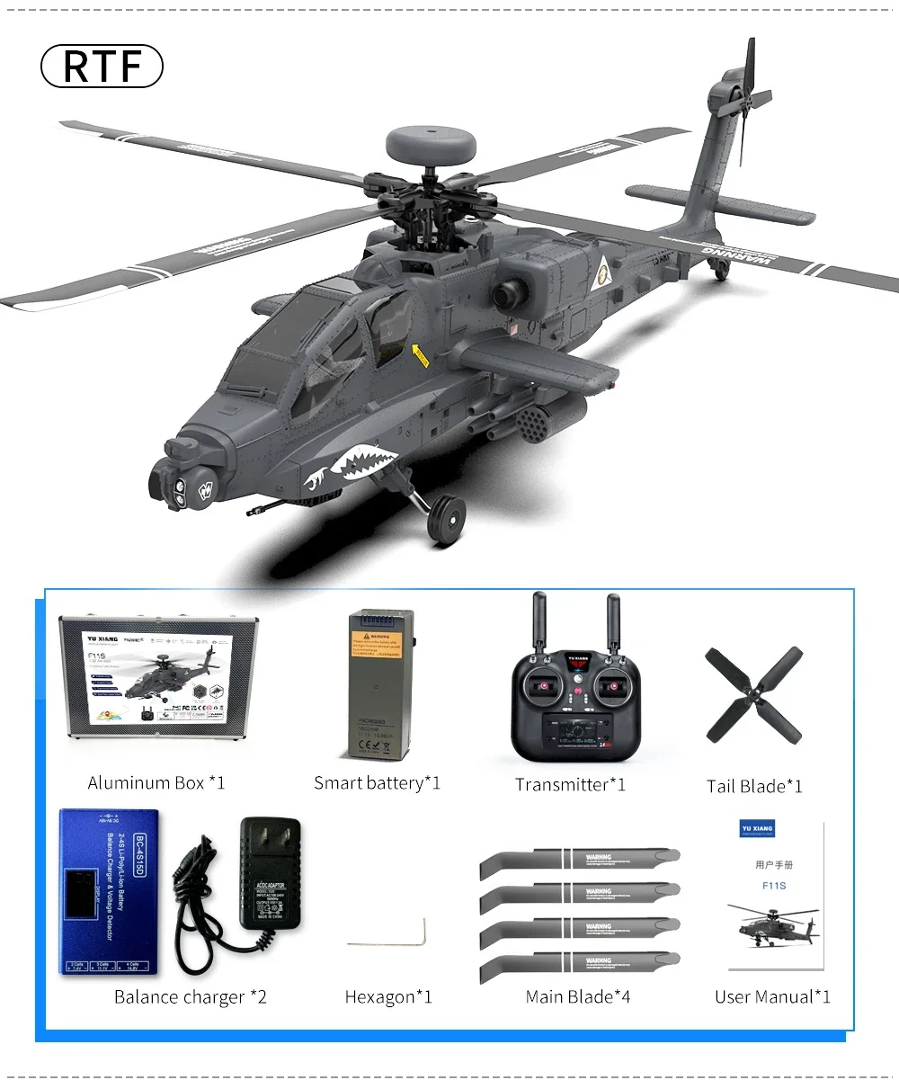 YXZNRC F11-S 1:32 AH-64 Apache Scale 2.4G 6CH GPS Altitude Hold Optical Flow Positioning 5.8G FPV Camera Dual Brushless Motor Flybarless RC Helicopter RTF