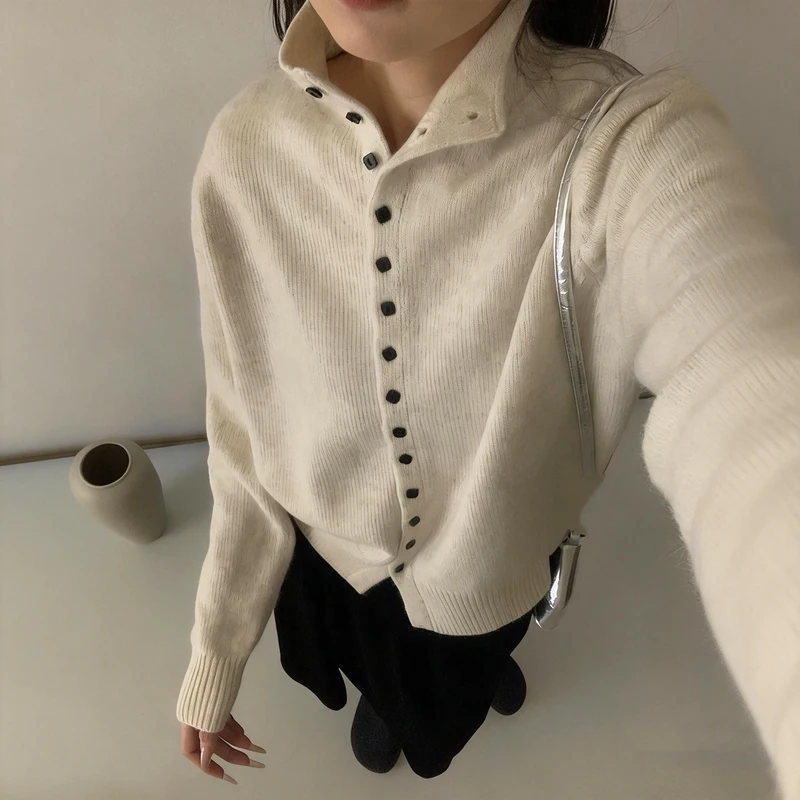 Women Stand Collar Button Down Knit