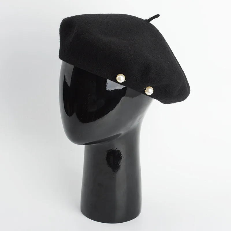 

Женский берет из 100% шерсти, зимняя шапка, женский берет, черный мягкий теплый берет, плоская шапка художника из искусственного жемчуга с бусинами, женская шапка, Новинка