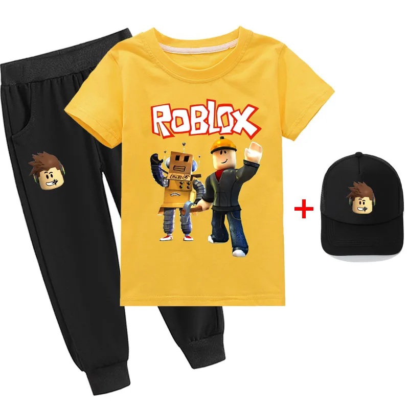 Roblox-camiseta bidimensional de algodão fino para meninos e meninas, terno  e chapéu de manga curta, animação periférica, melhor presente, novo