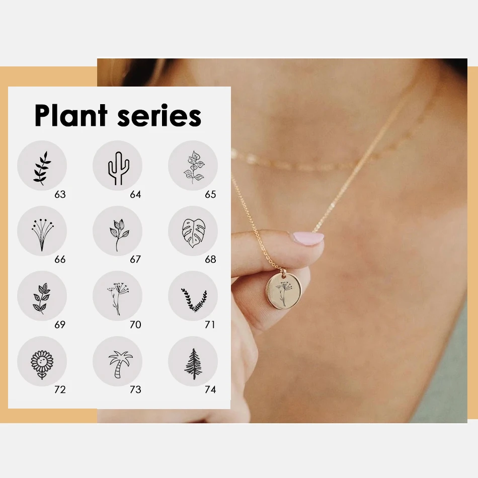 

Stainless steel mini coin pendant necklace, custom carved plant women's necklace, fashionable jewelry gift