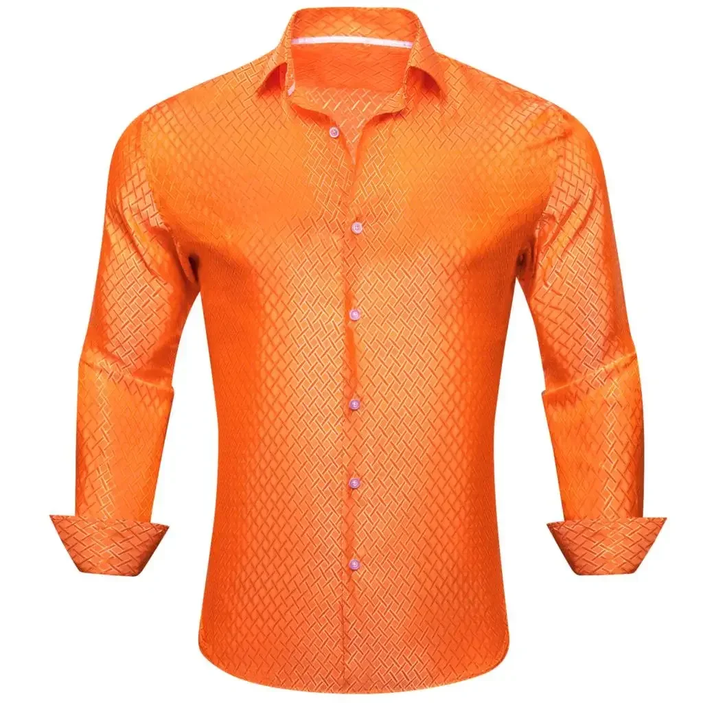 

Luxury Silk Shirts for Men Satin Orange Solid Long Sleeve Slim Fit Male Blouse Casual Formal Tops Breathable Barry Wang