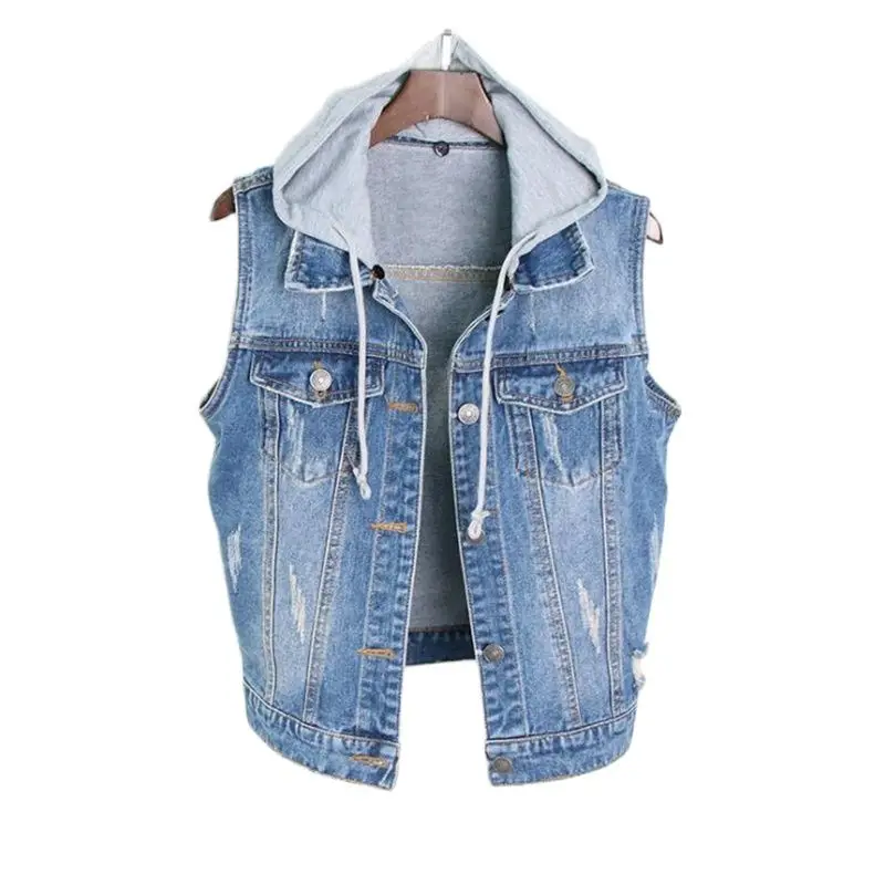 Primavera Vendita Calda Gilet Di Jeans Femminile Autunno Vendita Calda Gilet Donna Gilet Con Cappuccio Lady Vaquero Chaleco Cow-Boy Gilet
