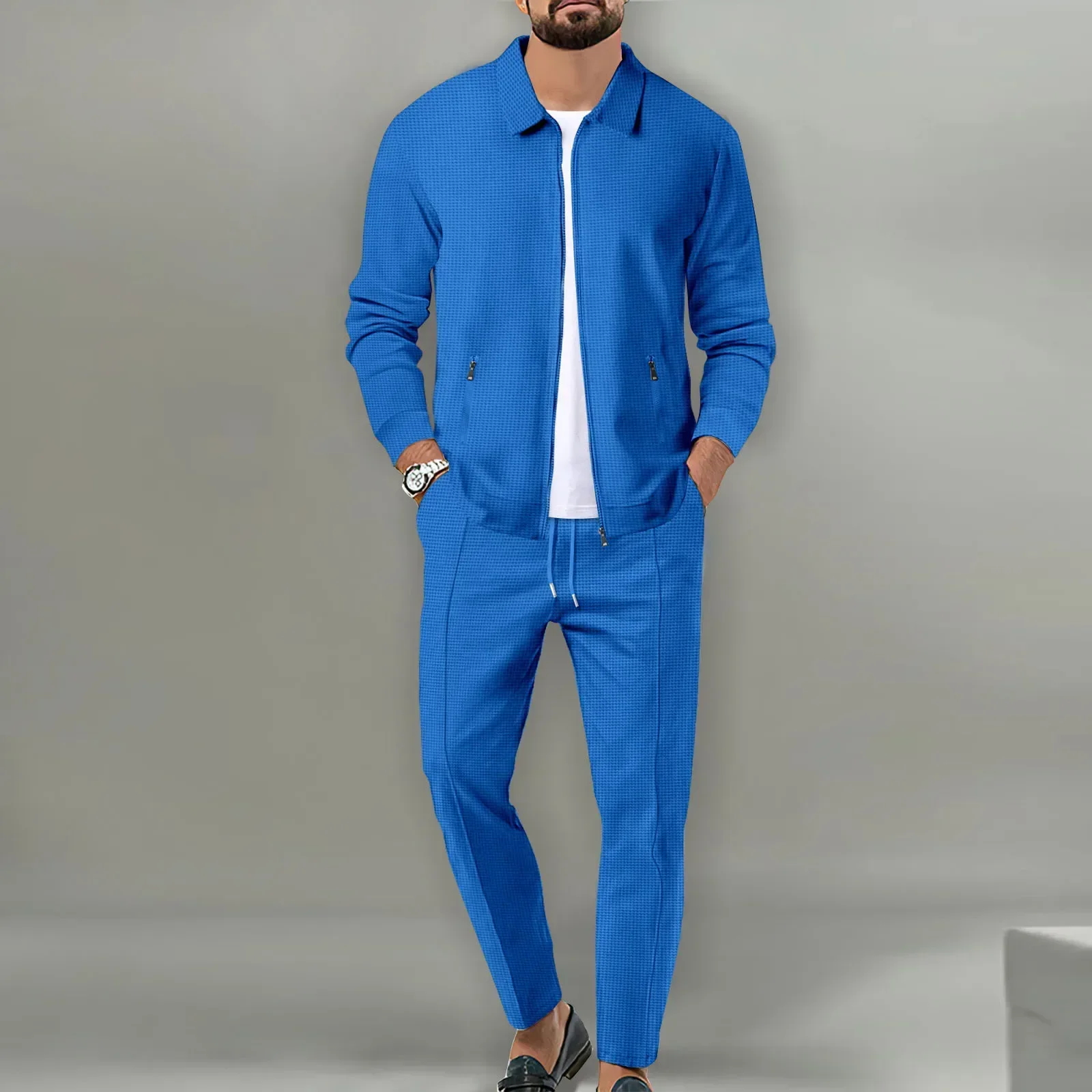 Heren Wafel 2-Delig Trainingspak - Casual Jas Met Rits En Rechte Broek, Lente Herfst