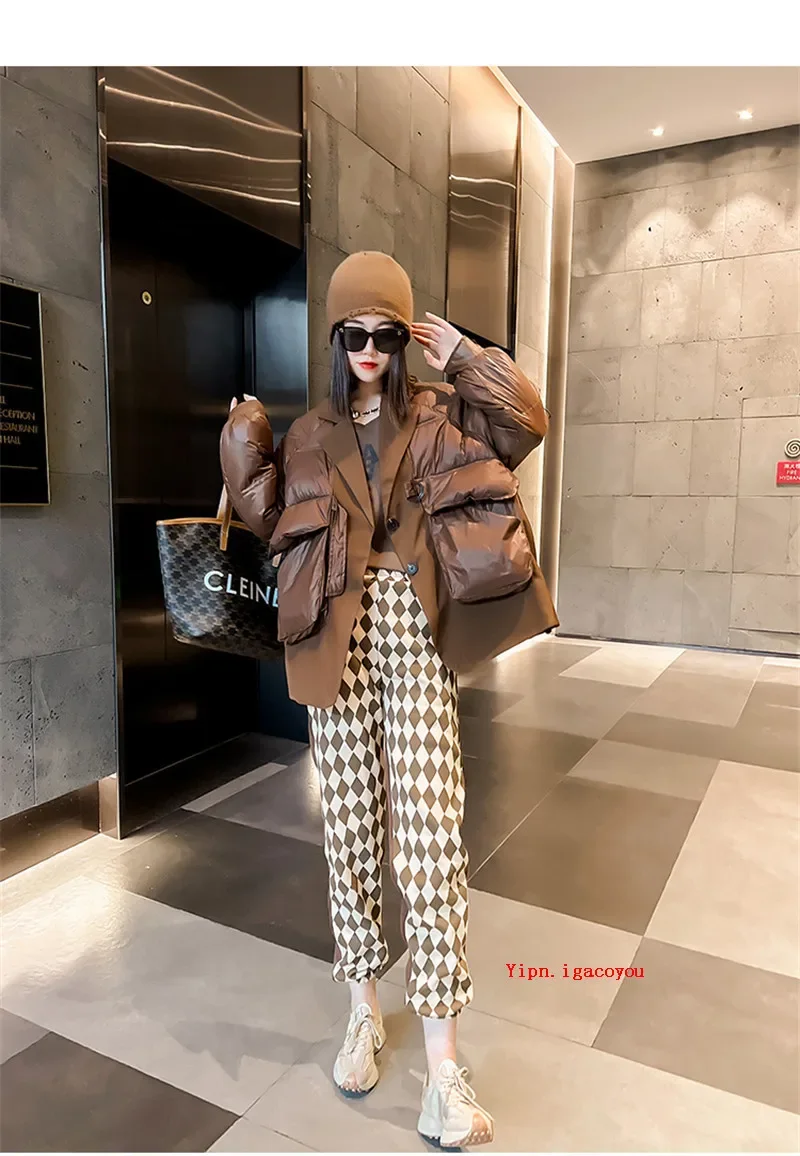 Winter Women Notched Collar Fake Two-piece Patchwork Down Cotton-padded Coat Casual Long Sleeve Female Short Lightweight Parkas