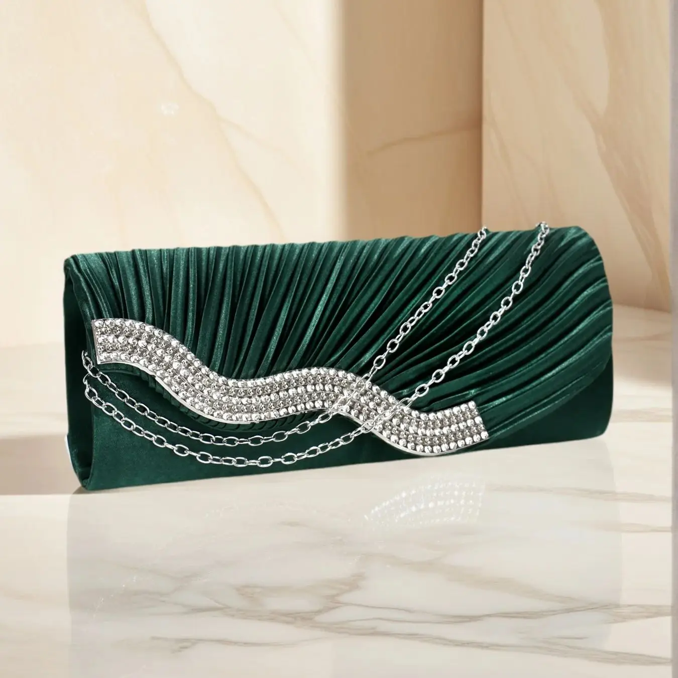 Glitter Women Evening Handbags Ruched Rhinestones Envelope Design Purse