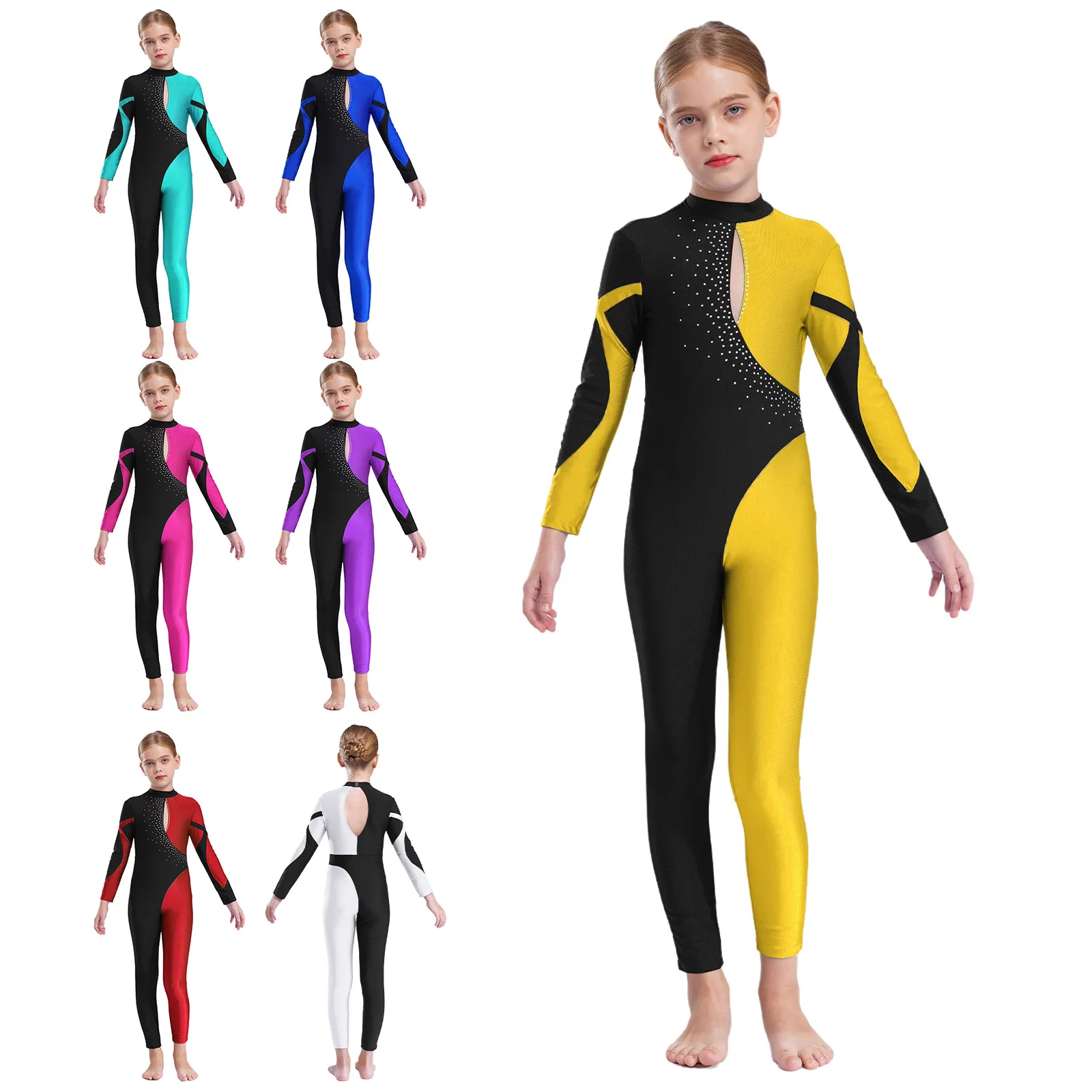Kids Long Sleeve Rhinestone Contrast Color Ballet Dance Gymnastics Jumpsuit Girls Shiny Dancewear Performance Party Costumes