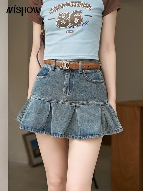 MISHOW Retro Pleated Denim Short Skirt 2023 Summer Vintage 