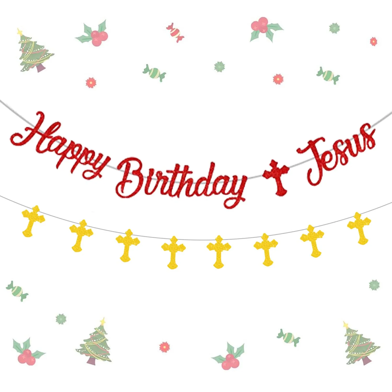 

Happy Birthday Jesus Banner and Cross Garland, Party Decorations, Jesus Reason for the Season, Christian Holiday Decor