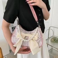 Fashion Pearl Chains Design Female Shoulder Messenger Bag Sweet Bow Ladies Crossbody Bags Flower Pattern Women Square Handbags