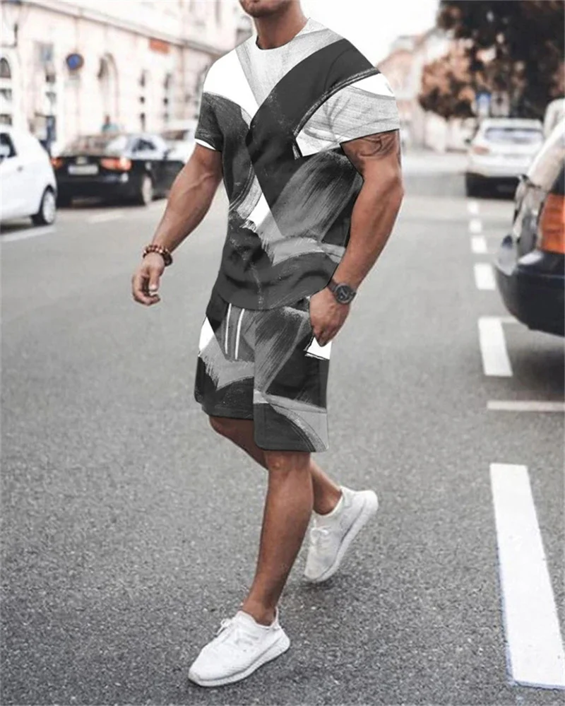 

2023 New Summer Mens Suits Casual Sport Outfits T-Shirt Suits 2 Piece Set Oversized Streetwear Breathable Jogging Male Clothing