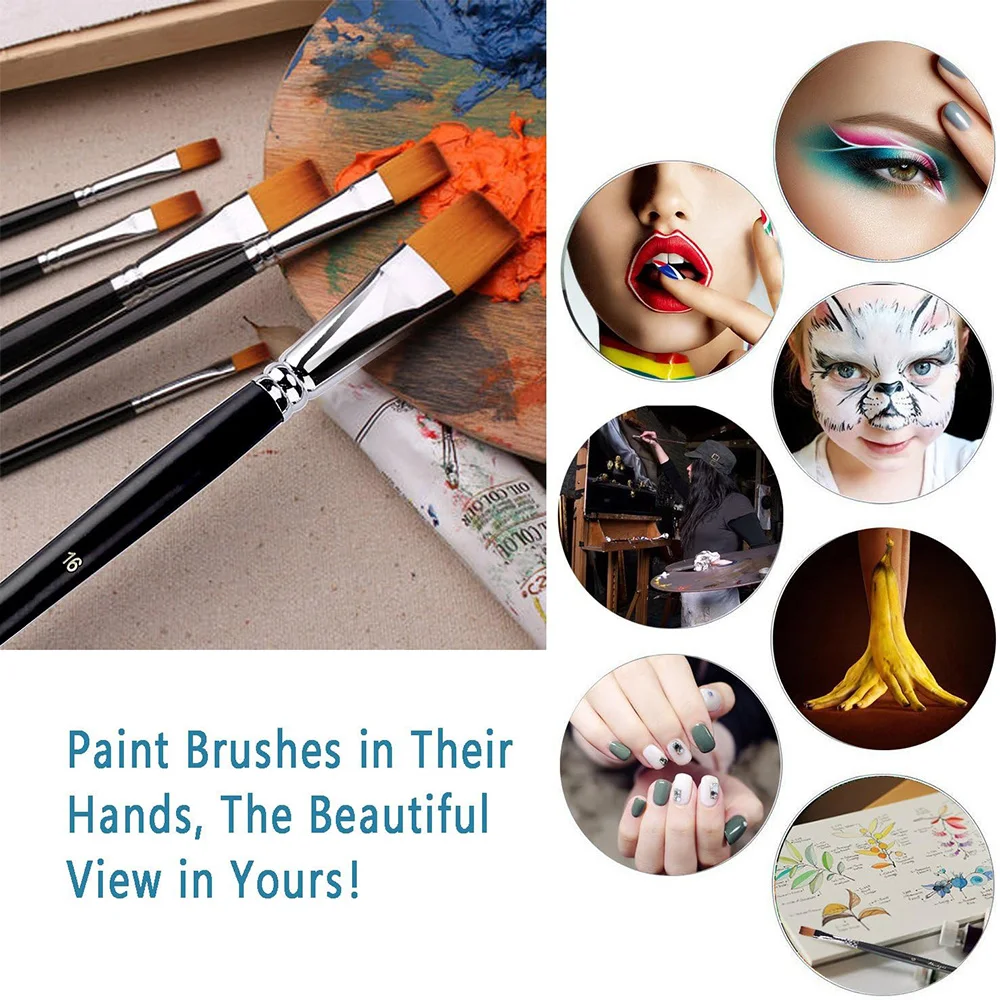 9Pcs Flat Art Paintbrush Set Anti-Shedding Synthetic Nylon with Long Handle Paint Brush for Watercolor Acrylics Gouache Oil 4