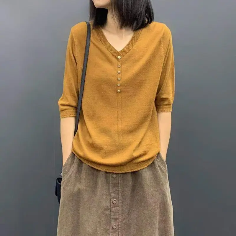 

Women's Clothing Autumn Korean Fashion Simple Casual Basic Knitted Sweater Female Solid V Neck Half Sleeve Loose All Match Tops