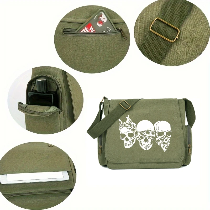 Retro Men's Crossbody Bag Skull Print Canvas Large Capacity Women's Bag for Travel Messenger Bag