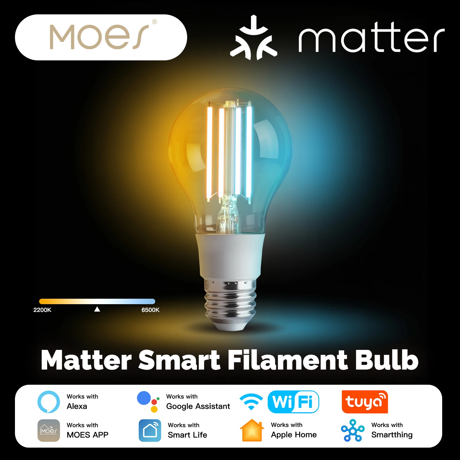 Smart Filament Bulb MOSE Tuya Matter WiFi Smart Filament Bulb E27 Energy Saving Light Dimmable APP Remote Control Alexa GoogleHome for Voice Control