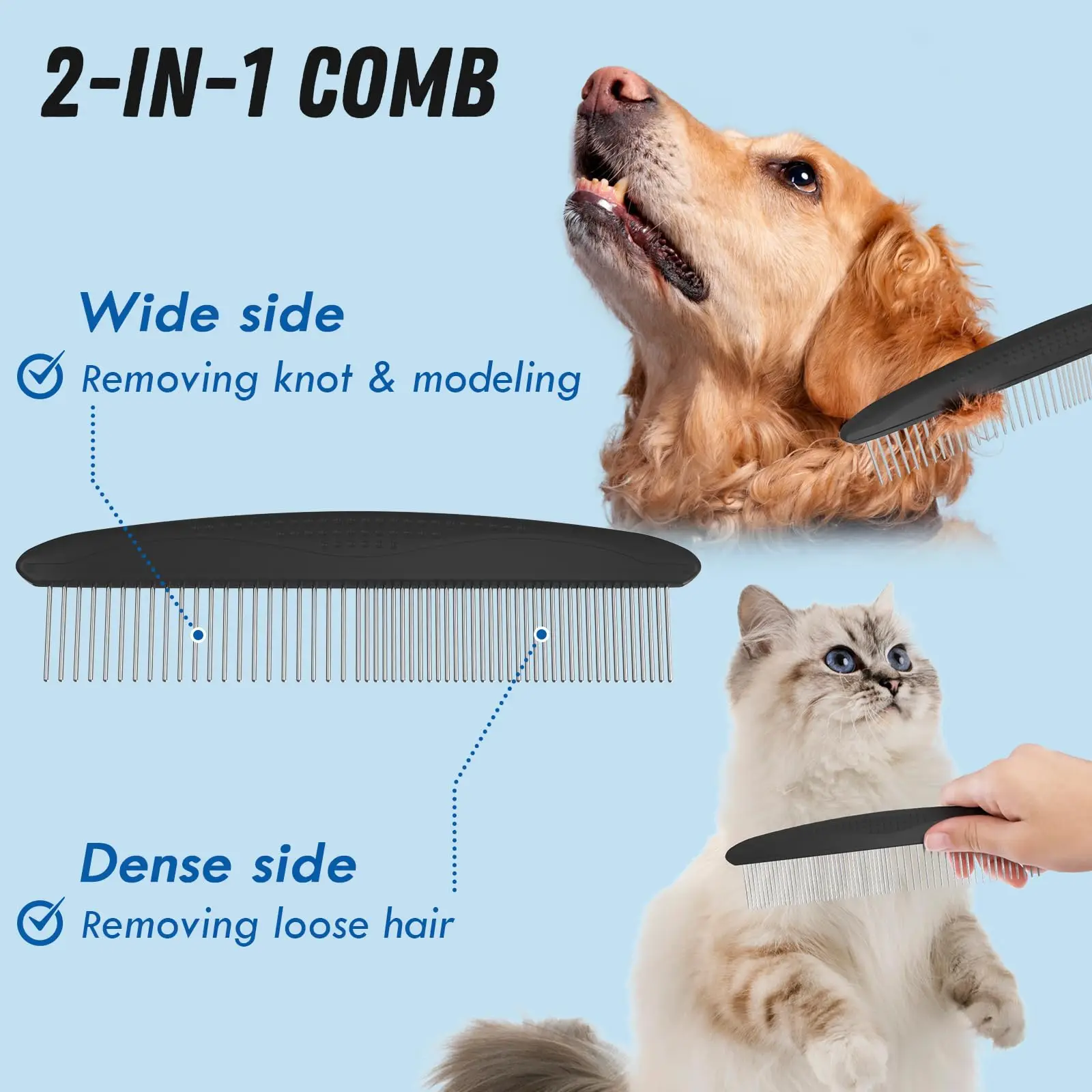 Pet grooming brush and metal comb combo, cat brush dog brush removal, undercoat rake, pet grooming supplies, long-haired pet 3