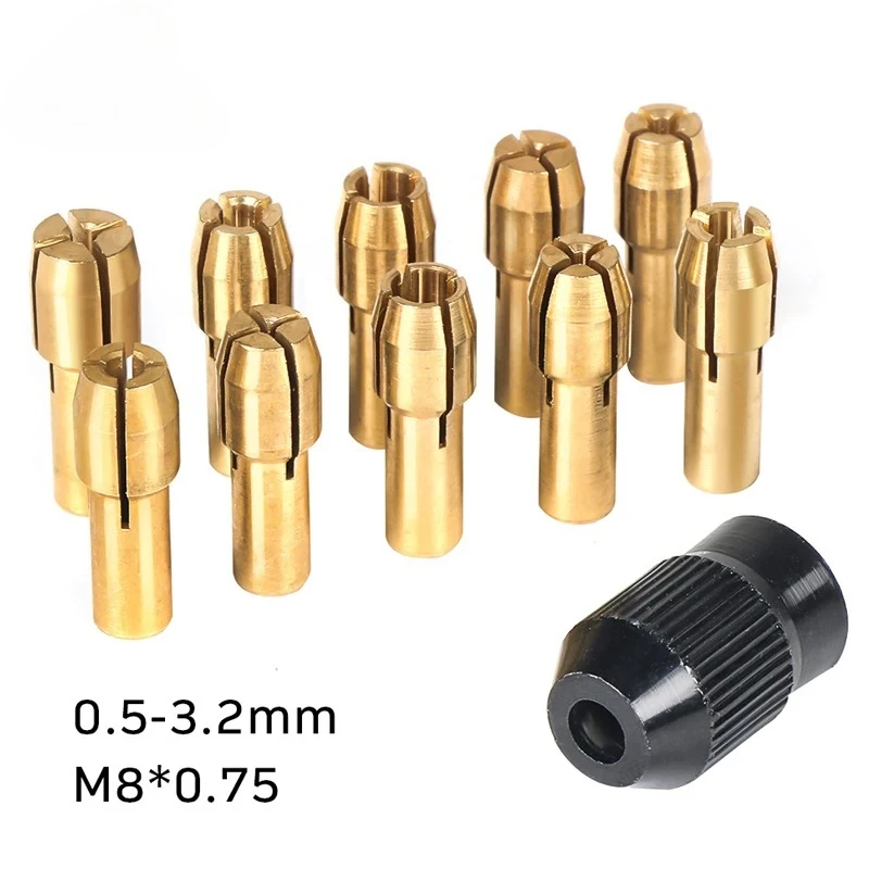 11PCS/lot Mini Drill Brass Collet Chuck 0.5-3.2mm Brass and Nut For Dremel Rotary Tool Accessories Set
