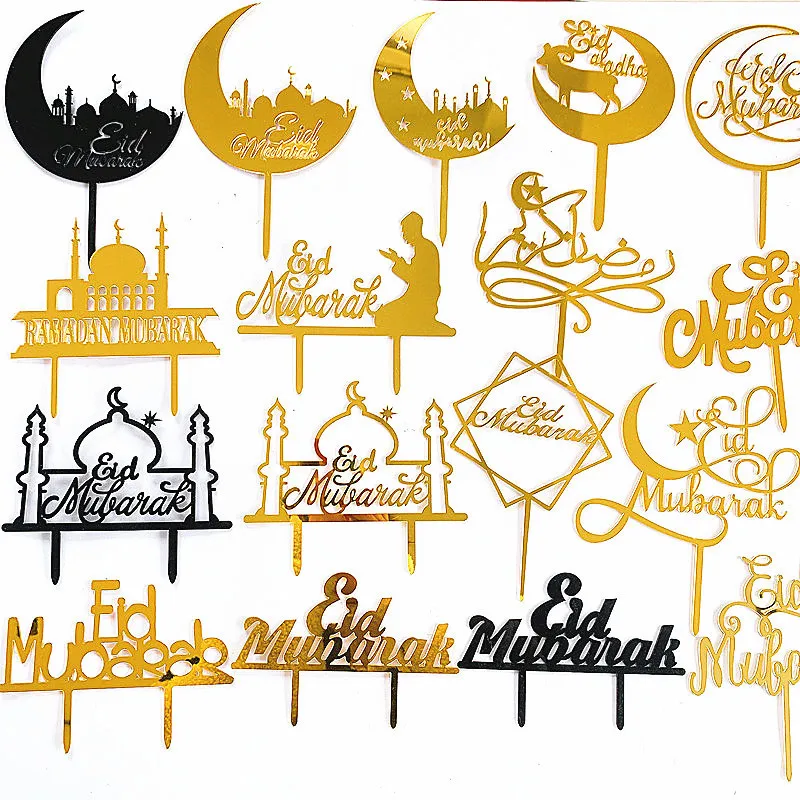 Eid Mubarak Gold Acrylic Cake Toppers Cupcake Topper Supplies For Wedding Birthday Party