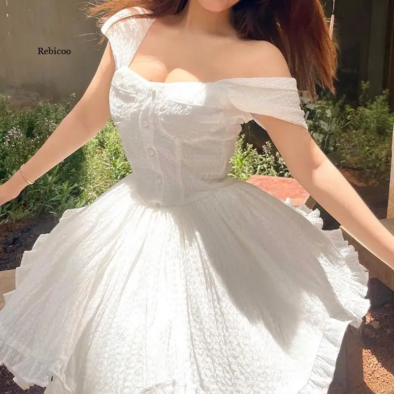 

Sexy Off Shoulder Women Sundress White Elegant Button Pleated Mini Dress Straps Sleeveless Ruffles Outfits Summer New