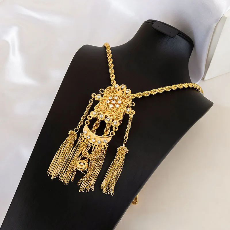 Goldfarbene Braut-Kristallkette mit dicker Quasten-Sweaterkette für arabische Kaftan-Schmuckaccessoires – Detail 4
