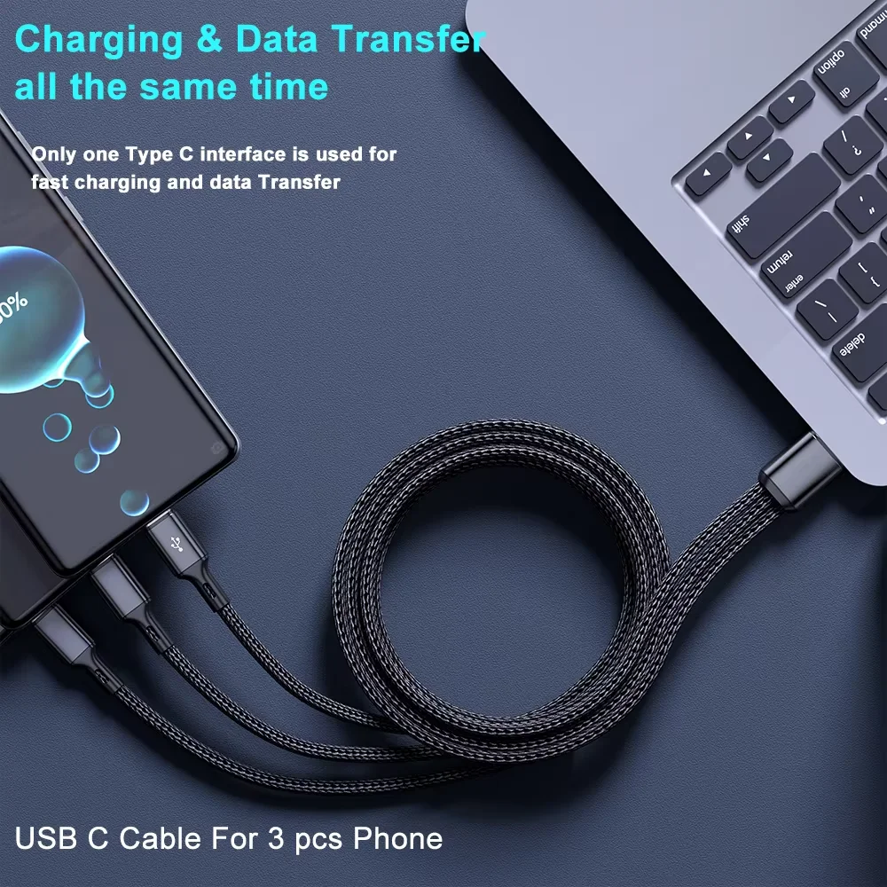 Universal 3-in-1 High-Power Fast Charging Cable with USB A to Triple Type-C Ports